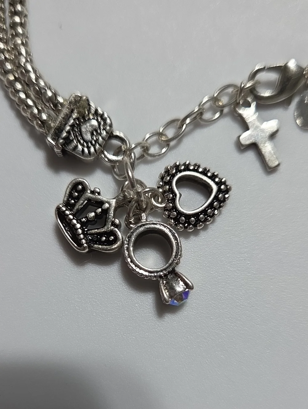 Premier Designs Silver Tone Charm Bracelet Crown Cross Heart Ring Multi Strand